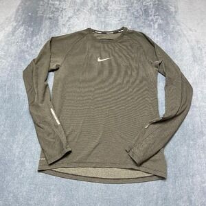 Nike Dri Fit Shirt Mens Medium Gray Striped Swoosh Logo Raglan Sleeve Running